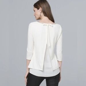 NWT WHBM Pearl Embellished Neckline 3/4 sleeve Top w/Sheer Underlay - Sz XL